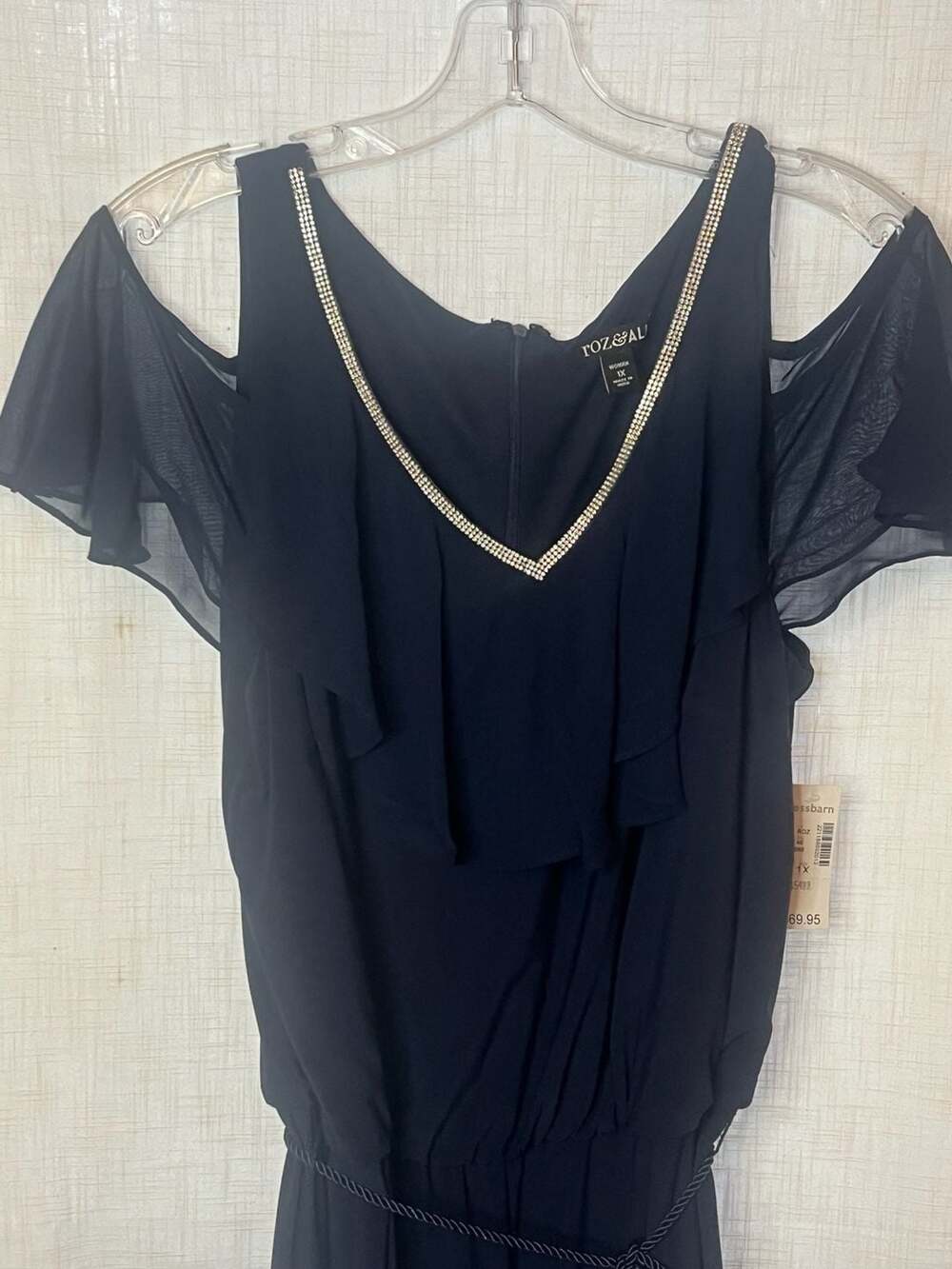 Roz & Ali Navy Blue Cold Shoulder Ruffle Pant Jumpsuit Rhinestone Neckline 1X - Picture 4 of 9